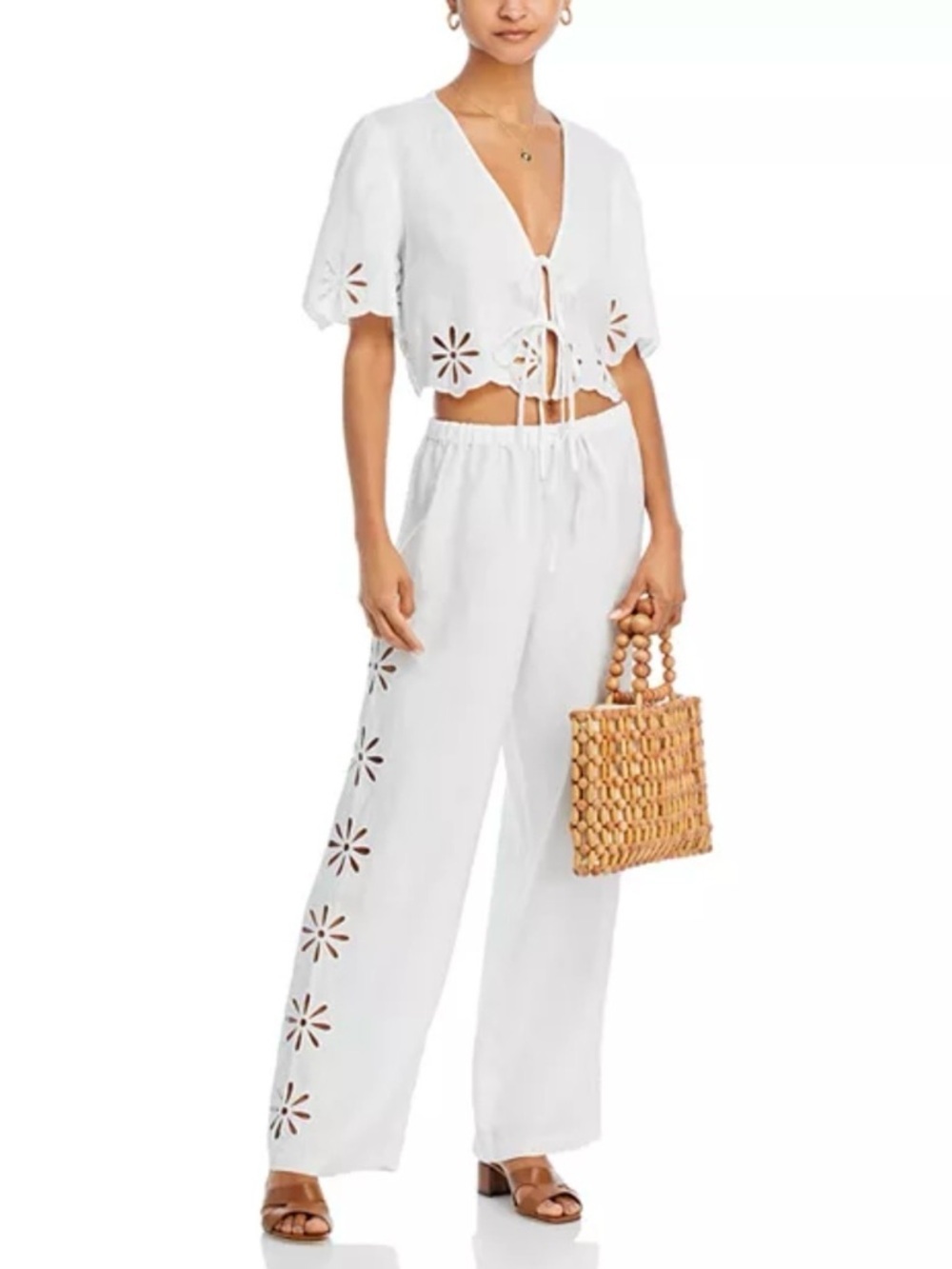 Rails Pari Linen Tie-Front Eyelet Crop Top in White Size L - Picture 2 of 10